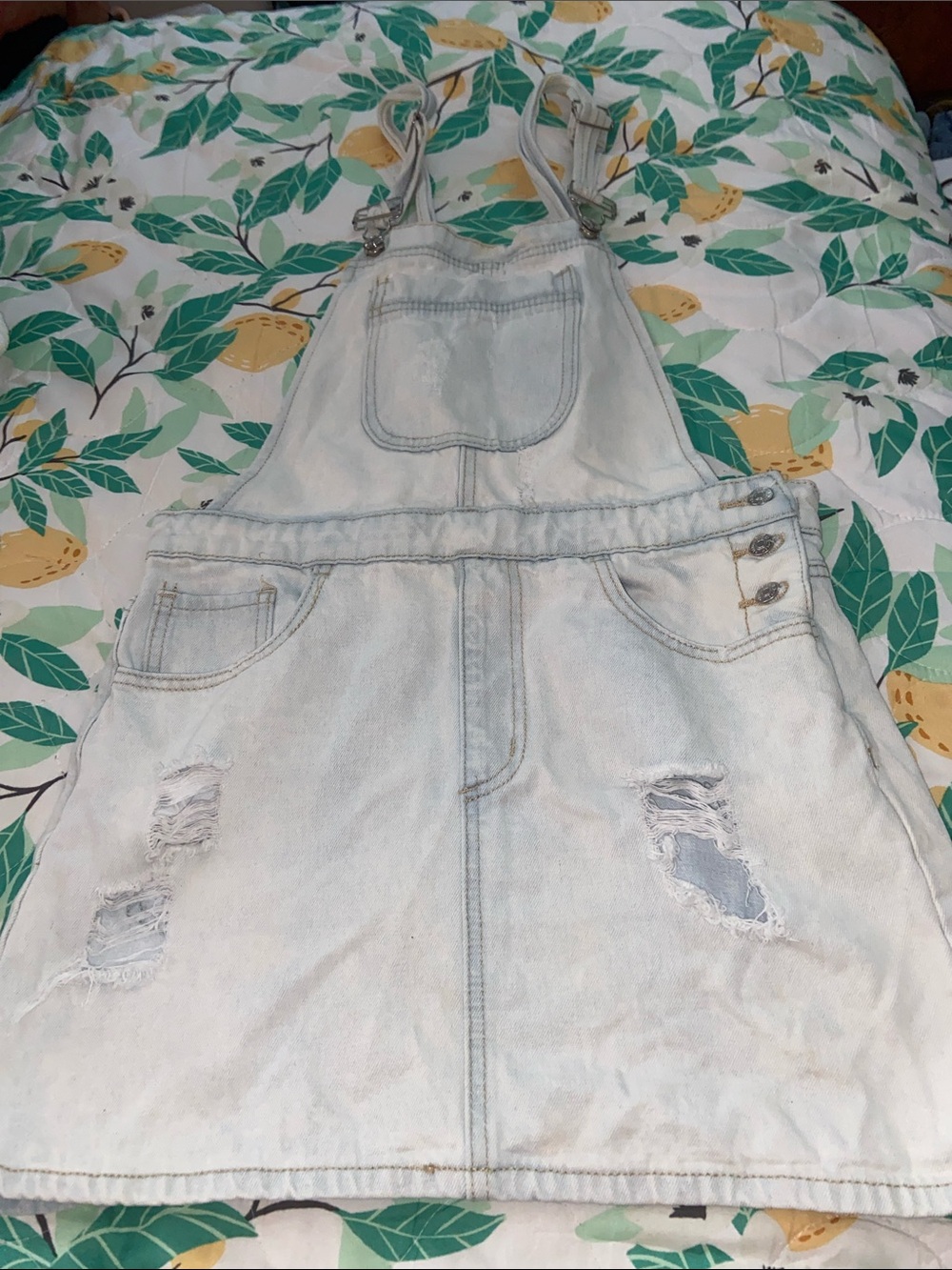 F21 LIGHT WASH DENIM DRESS Mini Skirt Overalls Distressed